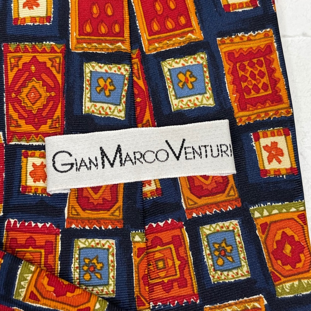 Gian Marco Venturi Silk Tie Necktie Mens Blue Orange Geometric Rug Pattern Italy - Picture 5 of 7